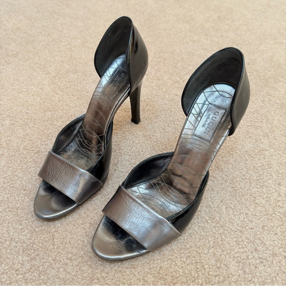 Gucci Gunmetal Silver Gray Leather D'Orsay Peep-toe Heels 8.5 - Picture 1 of 10